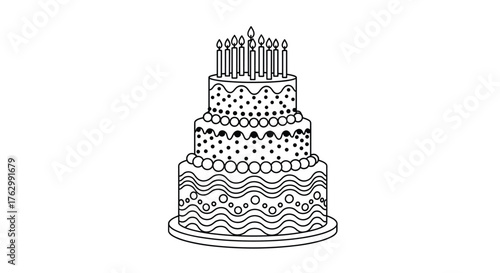 Black and white line art of a festive three tiered birthday cake.