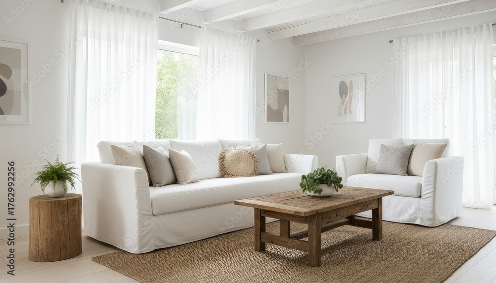 Fototapeta premium Serene living room with white sofa, natural wood coffee table, and light curtains.
