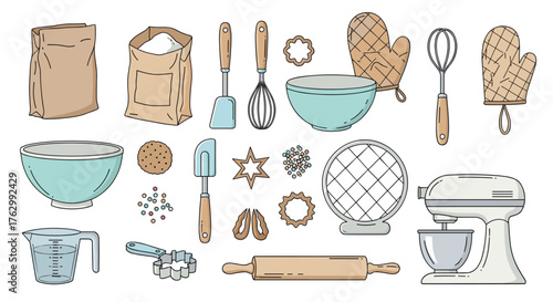Baking and Cooking Utensils and Ingredients Collection.