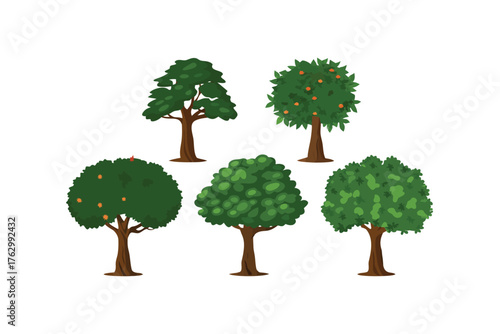 Diverse Trees in Formation: A variety of stylized trees showcase different shapes, sizes, and foliage, evoking the essence of a vibrant forest landscape.