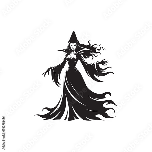 Gothic Lilith Halloween Silhouette Illustration, Black and White Vector.