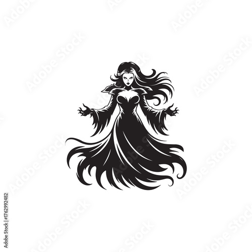 Gothic Lilith Halloween Silhouette Illustration, Black and White Vector.