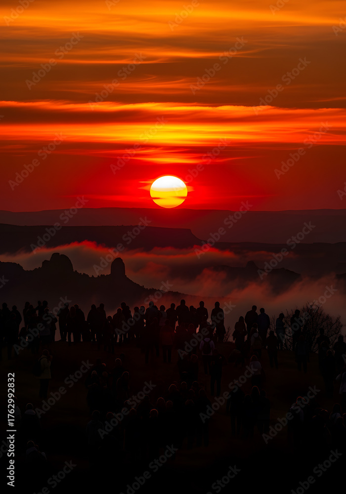 Fototapeta premium Fiery Sunset Silhouette. Crowd of Figures Against Intense Red and Orange Flames