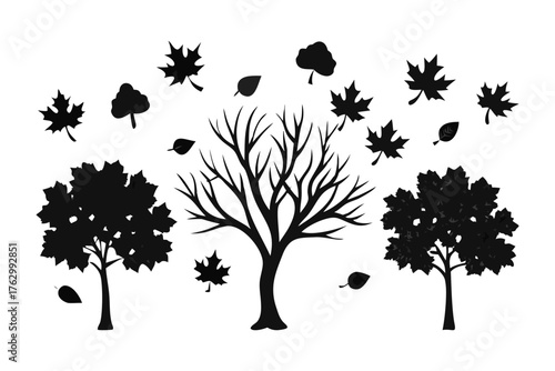 Autumn's Embrace: A minimalist silhouette artwork captures the essence of autumn, featuring bare trees amidst falling leaves and evoking a sense of seasonal transition and natural beauty.