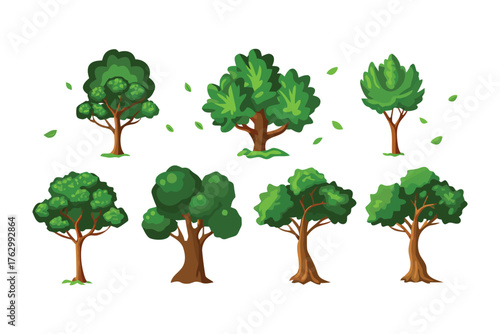 Vibrant Tree Collection: An assortment of stylized trees, each displaying unique foliage and trunk shapes, scattered against a clean backdrop, celebrating the beauty of nature.