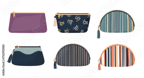 Collection of stylish and colorful cosmetic bags and pouches.