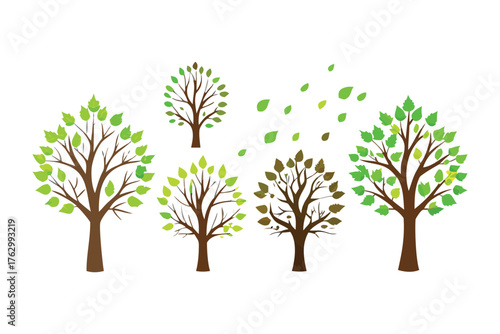 Arboreal Arrangement: An artistic illustration features a collection of diverse trees, their branches adorned with vibrant green and brown leaves, symbolizing the beauty and variety of nature.