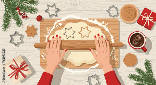 Hands rolling dough for Christmas cookies with star cutters.