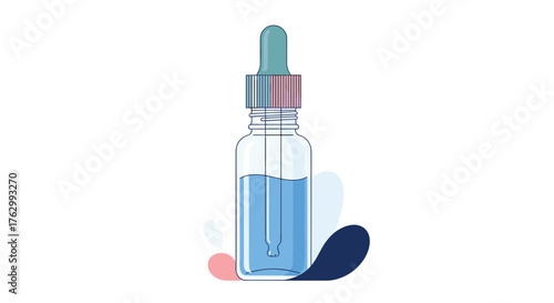 Clear glass dropper bottle with blue liquid and dropper lid.