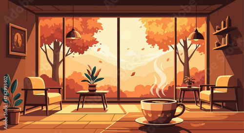 Vector Illustration of Cozy Living Room Scene with Large Window and Autumn Foliage in Warm Modern Style