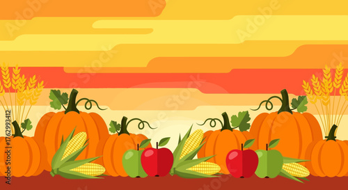Vector Pattern with Pumpkins Apples Corn and Wheat in Autumn Colors in Modern Organic Style