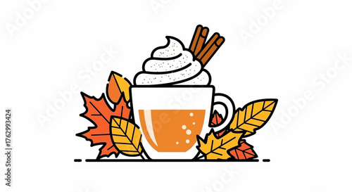 Vector Illustration of Autumn Warm Drink with Whipped Topping and Cinnamon Sticks in Modern Style Featuring Fall Leaves in Orange Yellow Red Colors