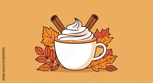 Vector Illustration of Autumn Coffee Mug with Cinnamon Sticks and Leaves in Warm Color Palette in Modern Minimalist Style