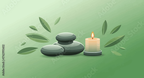 Minimalist Vector Illustration of Zen Stones and Candle in Calm Green Palette in Organic Style