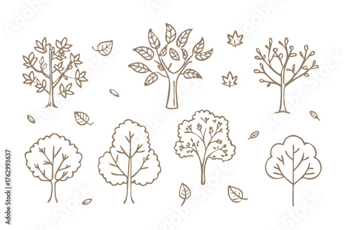 Set of trees illustration: A collection of meticulously drawn tree illustrations, each showcasing unique shapes and details, evokes the charm of nature, ideal for design.