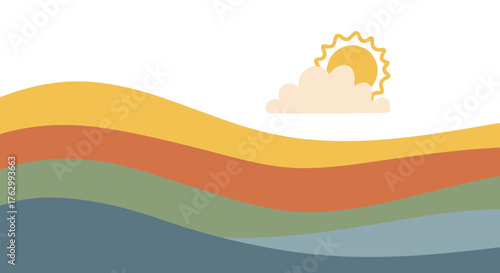 Minimalist Vector Background with Wavy Hills and Sun Cloud Abstract Style in Earth Tones