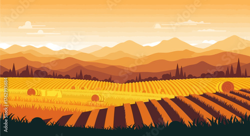 Vector Landscape Illustration of Farm Fields and Mountain Horizon in Warm Gradient Colors in Modern Style