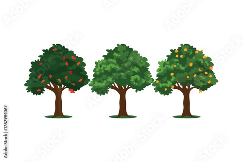 Trio of Trees: A set of three stylized trees, each bearing different fruits, stand in a row. It symbolizes growth, abundance, and the diversity of nature. 