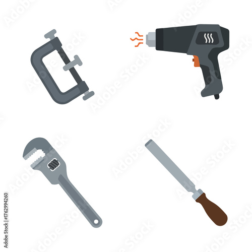 Workshop tools: a C-clamp, a heat gun, an adjustable wrench, and a metal file.