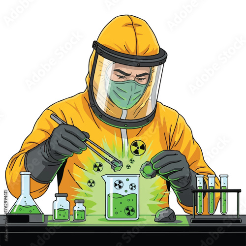 a scientist wearing a protective suit protects against hazardous materials