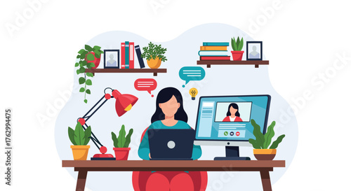 Woman working remotely at a desk with laptop and monitor.