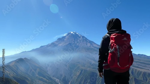 Hiker Wearing Backpack Gazing at Snow-Capped Mountain Under Clear Blue Sky