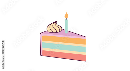Colorful Slice of Birthday Cake with a Lit Candle.