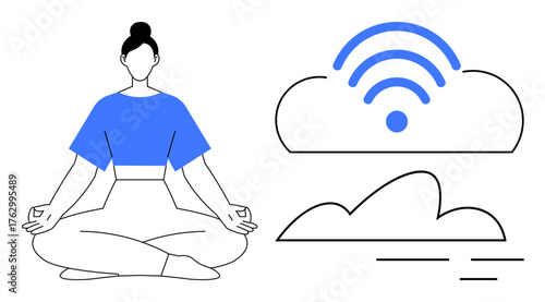 Woman sitting cross-legged in yoga posture beside a cloud with wireless and minimalist cloud icon. Ideal for mindfulness, technology, digital transformation, meditation, balance, stress relief