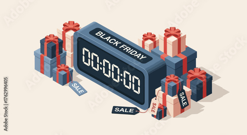 This flat design visual features a digital countdown timer set to zero, surrounded by beautifully wrapped gift boxes, symbolizing the urgency and excitement of Black Friday sales. 