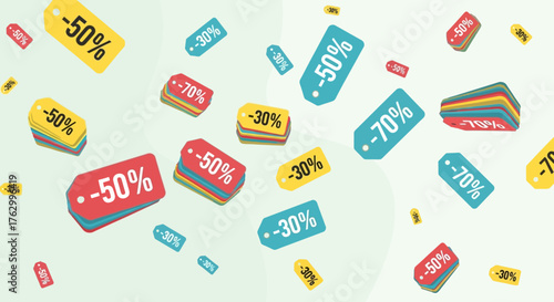 This vibrant flat design illustration showcases various percentage discount tags falling, symbolizing a shower of amazing Black Friday deals and savings. It's a modern and eye-catching visual perfect 