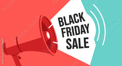 A powerful flat design illustration of a megaphone broadcasting a "Black Friday Sale" announcement, perfect for creating a sense of urgency and capturing attention. 