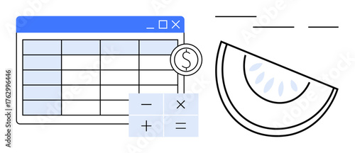 Spreadsheet with dollar symbol, basic calculator, and watermelon slice. Ideal for finance, budgeting, data analysis, cost management, healthy lifestyle, business planning simple flat metaphor