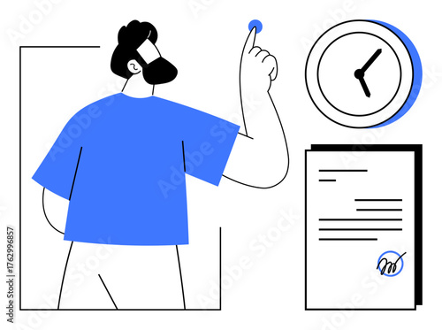 Person pointing to a clock, paper with signature, emphasizing task management, deadlines, productivity. Ideal for workflow, organization, efficiency, scheduling planning time control simple flat