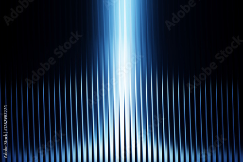 Abstract blue light beam emerging from textured glass surface with vertical lines
