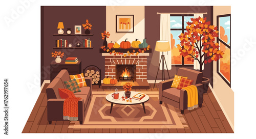 Vector Illustration of Cozy Living Room with Fireplace Autumn Decor in Warm Colors Modern Style