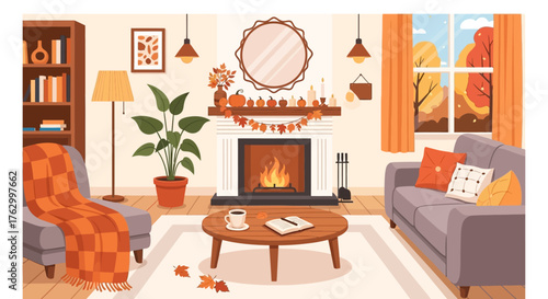 Vector Illustration of Cozy Living Room Scene with Fireplace Autumn Decor Modern Style Warm Colors