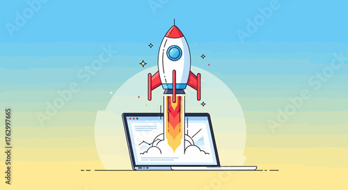 Vector Illustration of Rocket Launching from Laptop in Modern Minimalist Style with Bright Colors and Dynamic Composition