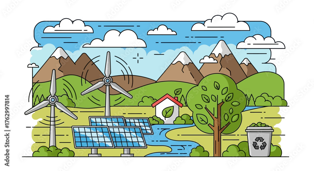 Naklejka premium Vector Illustration of Renewable Energy Landscape with Wind Turbines Solar Panels and Green Tree in Modern Eco Style