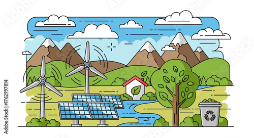 Vector Illustration of Renewable Energy Landscape with Wind Turbines Solar Panels and Green Tree in Modern Eco Style