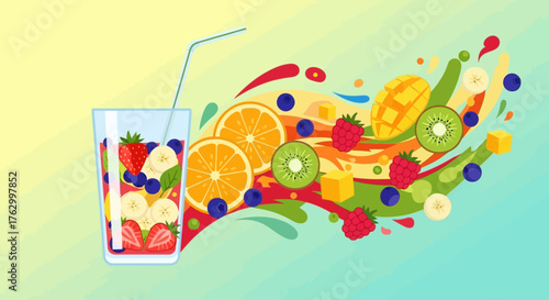 Vector Illustration of Fruit Juice with Fresh Fruit Elements in Bright Colorful Style