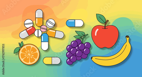Vector Illustration of Medicine and Fruit Elements in Modern Minimalist Style with Bright Color Palette for Healthcare and Nutrition Design