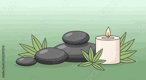 Vector Illustration of Spa Stones and Candle in Relaxing Organic Style with Green and Gray Colors