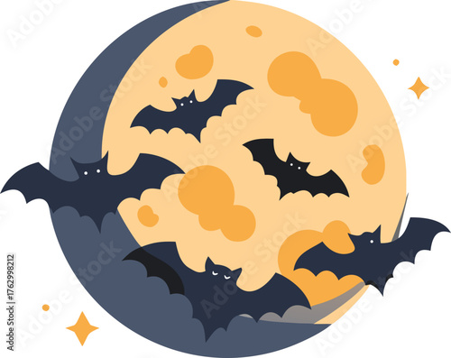Illustration of black bats flying across a large, orange full moon with scattered clouds. Stars twinkle nearby, evoking a spooky, Halloween vibe.