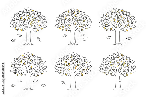 Growth Stages of Trees: An artistic representation of tree development, showcasing the stages of blossoming, showcasing the different stages of leaf falling 