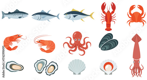 Large Seafood and Fish Icon Set in Flat Design. Vector Illustration Collection of Tuna, Lobster, Shrimp, Crab, and Shellfish for Restaurant Menu and Market Graphics.
