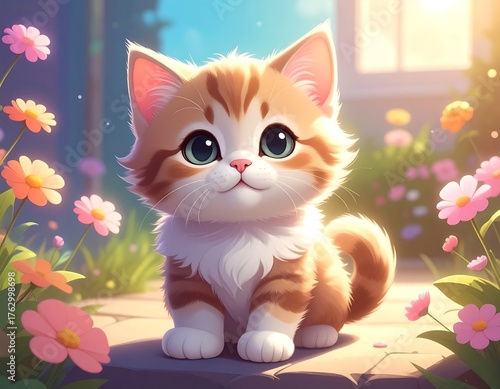 A charming, big-eyed orange tabby kitten sitting amidst colorful flowers