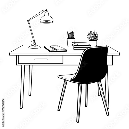 Illustration of desk with lamp chair books and plant study space home office furniture workspace design