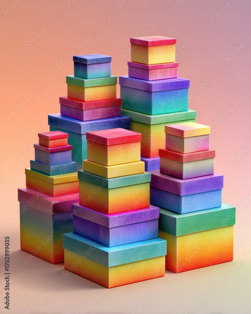 Obraz premium Colorful Gradient Boxes in Various Sizes Stacked on Soft Background