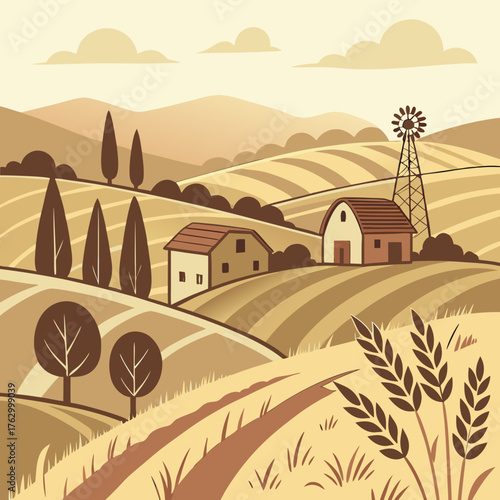 Tranquil Rural Landscape with Farmhouse and Windmill