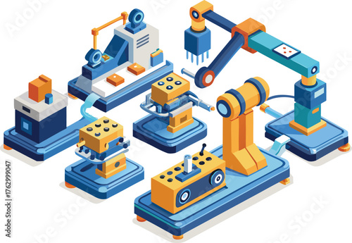 Isometric illustration of a robotic assembly line featuring mechanical arms and automated machines in blue and orange tones, conveying a futuristic tech vibe.